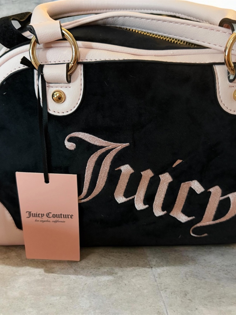 Juicy Couture Black Urban Heritage Bowler Satchel with Blush Pink Trim